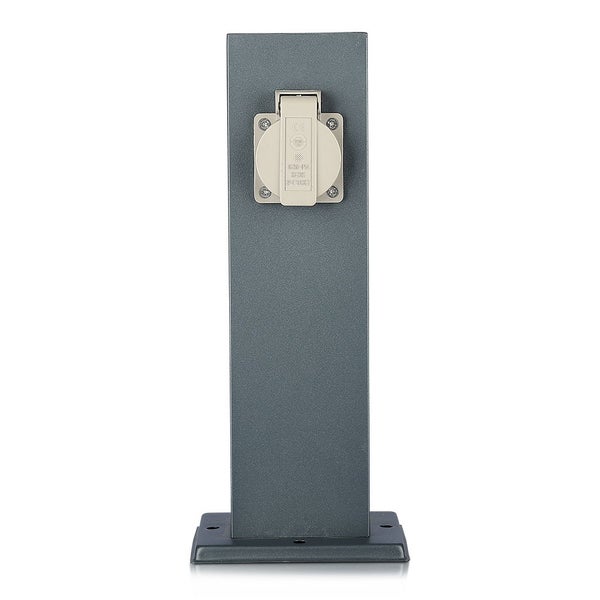 Energiesäule für den Außenbereich aus Metall mit einer Steckdose und Klappdeckel.