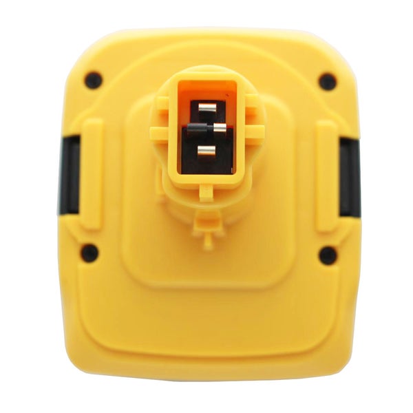 Gelber Akku für Elektrowerkzeuge in der Draufsicht mit Anschlusskontakten und schwarzen Entriegelungstasten.