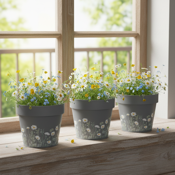 Drei graue Blumentöpfe mit floralem Muster auf einer hölzernen Fensterbank, bepflanzt mit bunten Wildblumen.