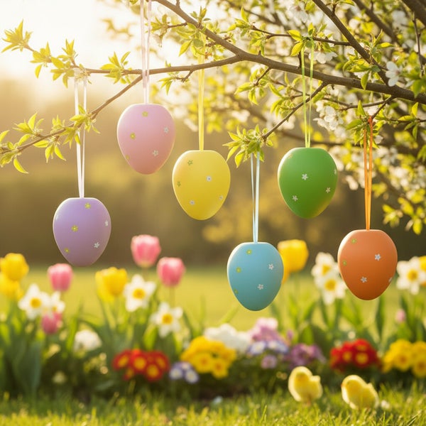 Osteranhänger in Eiform mit Blumenmuster hängen an blühenden Zweigen über einem Frühlingsgarten mit Tulpen und Narzissen.