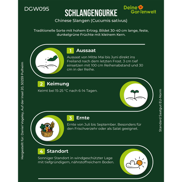 Infografik für Schlangengurke Chinese Slangen mit Anweisungen zu Aussaat, Keimung, Ernte und Standort. Deine Gartenwelt Logo.