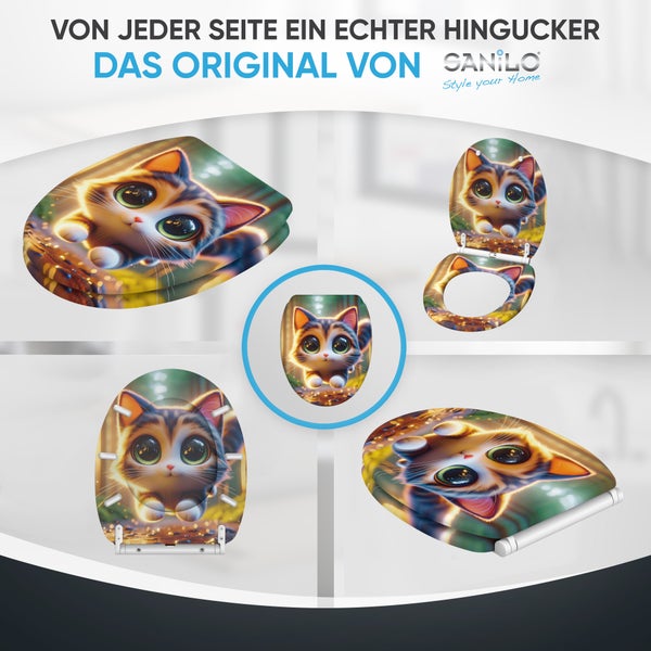 Sanilo Toilettensitz mit Katzen Motiv in verschiedenen Ansichten gezeigt als Set