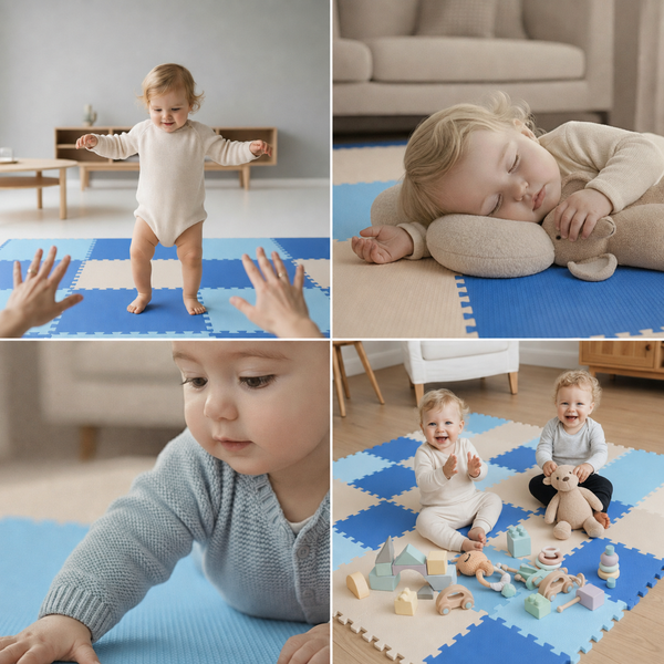 Kleinkinder spielen auf einer blauen und beigen Puzzlematte aus Schaumstoff in einem hellen Wohnzimmer mit Spielzeug und Stofftieren.