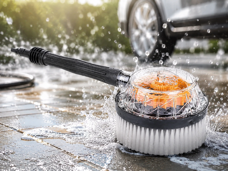 Rotierende Waschbürste für Hochdruckreiniger zur Autowäsche auf nassen Bodenplatten mit spritzendem Wasser.