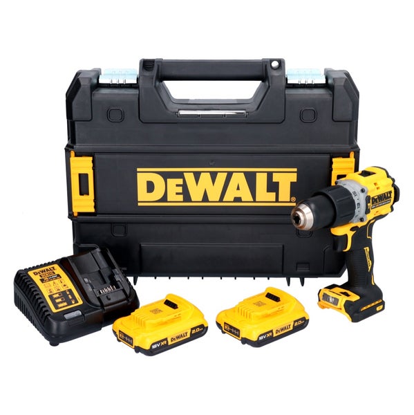 DeWalt Akku-Bohrschrauber Set mit Transportkoffer, zwei 18 Volt Akkus und einem Ladegerät.