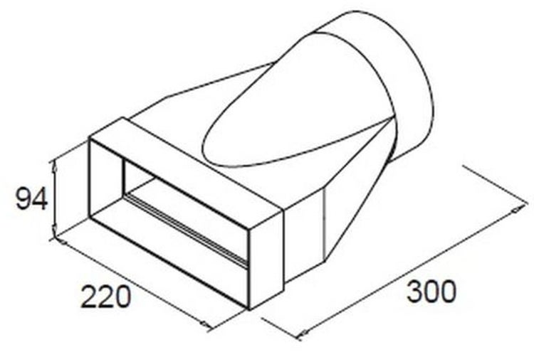 Flachkanalverbinder für Abluftsysteme mit Maßangaben 220 mal 94 Millimeter und 300 Millimeter Länge