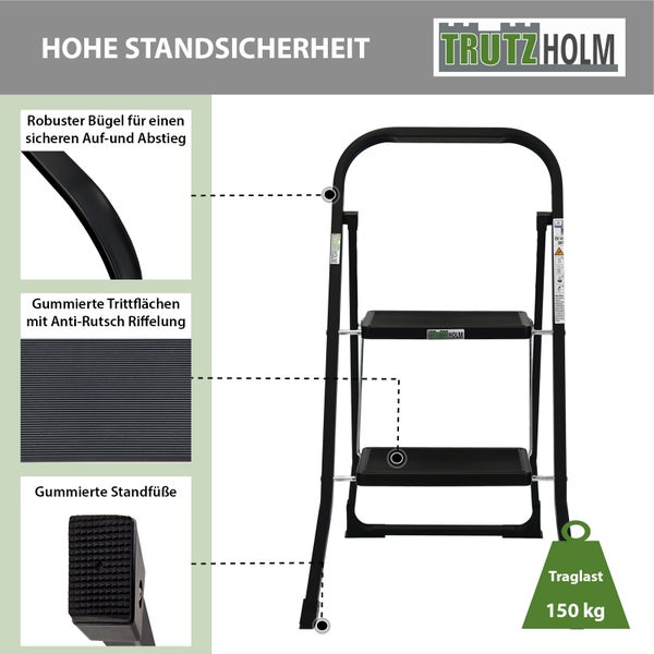 Trutzholm Haushaltsleiter mit zwei Stufen, Sicherheitsbügel, rutschfeste Trittflächen und 150 Kilogramm Traglast.