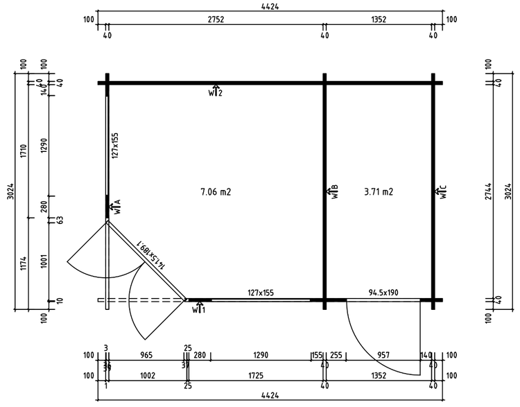 Grundriss eines Gartenhauses mit zwei Räumen, inklusive Maßangaben für Wände, Türen und Fenster.