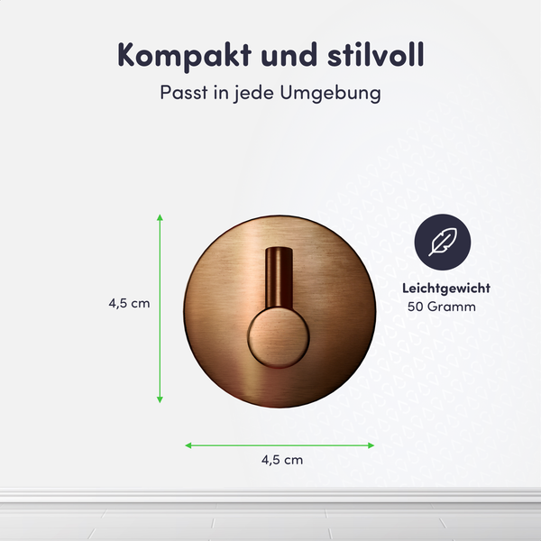 Runder Wandhaken aus gebürstetem Metall, Maße 4,5 Zentimeter mal 4,5 Zentimeter, Gewicht 50 Gramm.