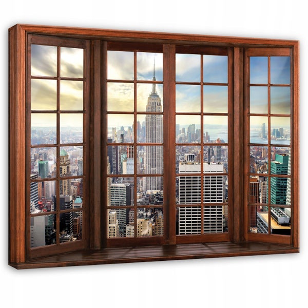 Wandbild mit Fenster-Illusion, dunkler Holzrahmen, Blick auf die Skyline von New York City und das Empire State Building.