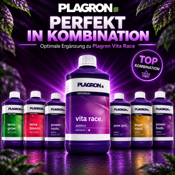 Plagron Vita Race und weitere Pflanzennährstoffe in Flaschen für ein optimales Pflanzenwachstum.