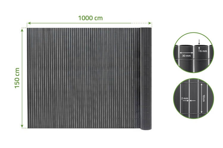 PVC Sichtschutzmatte 150 mal 1000 Zentimeter mit 30 Millimeter Röhrchenbreite für Garten und Balkon