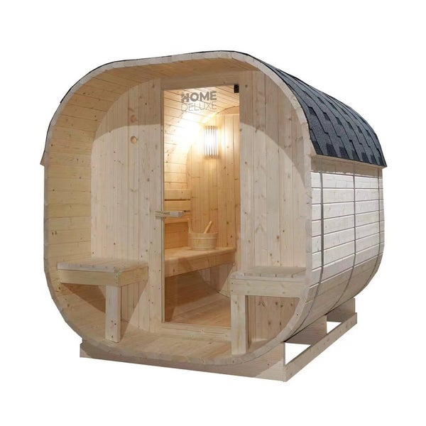 Home Deluxe - Outdoor Sauna CUBE DELUXE - L - Maße: ca. 220 cm x 185 cm x 194 cm, Holz: Fichtenholz - inkl. Saunaofen und Saunazubehör I Gartensauna, Außensauna, Sauna Fass für 4 Personen