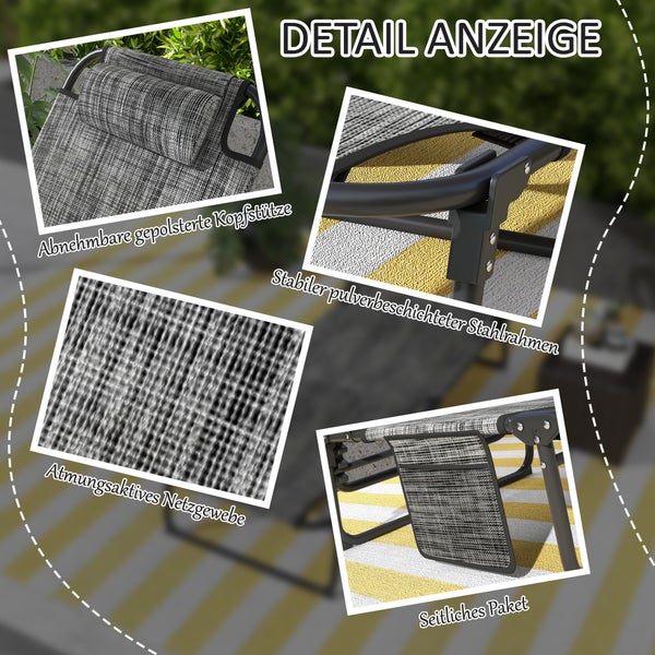 Detailansicht einer Liege mit abnehmbarer gepolsterter Kopfstütze, atmungsaktivem Netzgewebe, stabilem pulverbeschichteten Stahlrahmen und seitlichem Paket