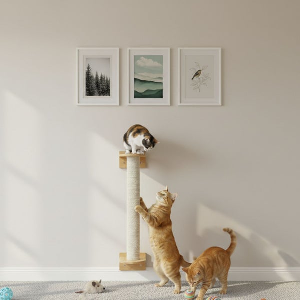 Wandkratzbaum aus Holz mit Sisalstamm an einer Zimmerwand mit drei Wandbildern und spielenden Katzen