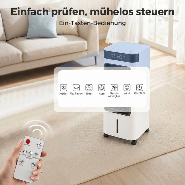 Mobiler Luftkühler im Wohnzimmer mit Fernbedienung und Funktionen wie Timer, Oszillation, Kühlung, Automatikmodus und Geschwindigkeit.