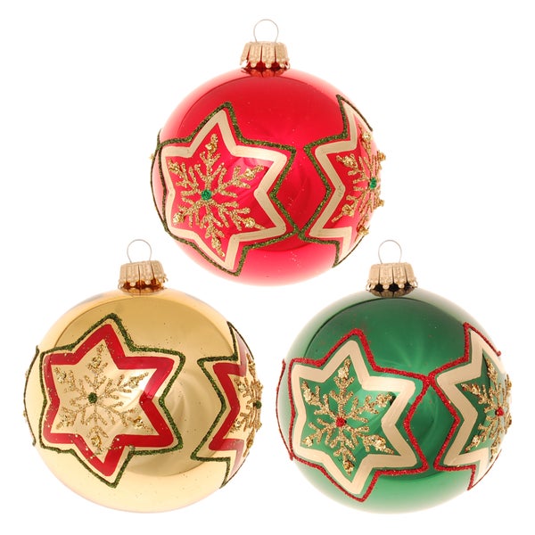 Rot/Gold/Grün 8cm Glaskugelsortiment, mundgeblasen, handbemalt , 3 Stck., Weihnachtsbaumkugeln, Christbaumschmuck, Weihnachtsbaumanhänger