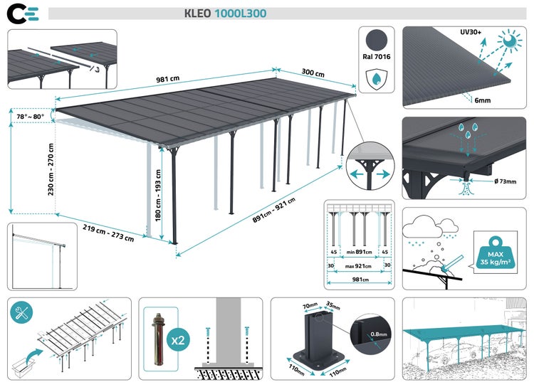 Angebaute Pergola/Carport 30m² KLEO 1000L300 Aluminium Grau
