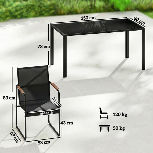 Gartenmöbel-Set: Tisch 150 mal 80 mal 73 Zentimeter, Traglast 50 Kilogramm. Stuhl 83 mal 53 mal 59 Zentimeter, Traglast 120 Kilogramm.