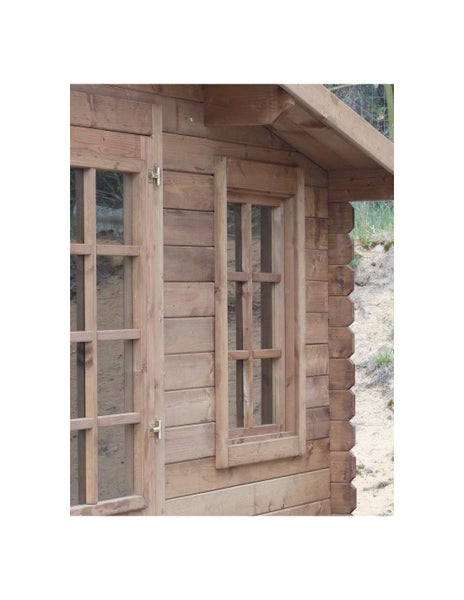 Detailansicht eines Gartenhauses aus Holz mit einer Sprossentür und einem Sprossenfenster in Blockbohlenbauweise.