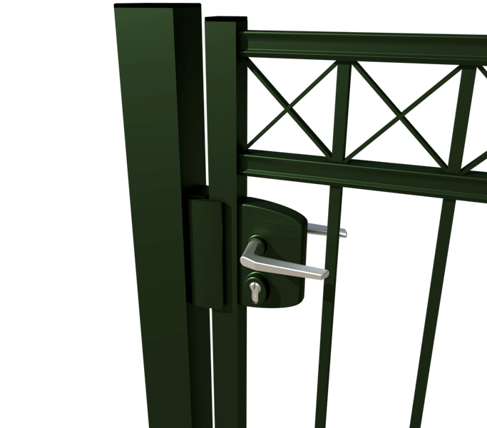 Detailansicht eines Gartentors mit Schloss und Griff