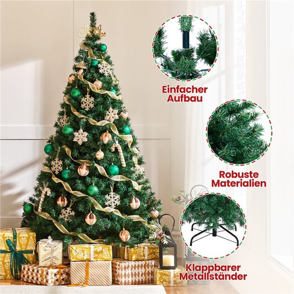 Geschmückter Weihnachtsbaum mit Geschenken und Informationen zu Aufbau, Material und Ständer