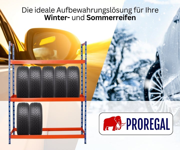 Stabiles Reifenregal aus Metall zur Lagerung von Winterreifen und Sommerreifen auf zwei Ebenen. Proregal Logo.