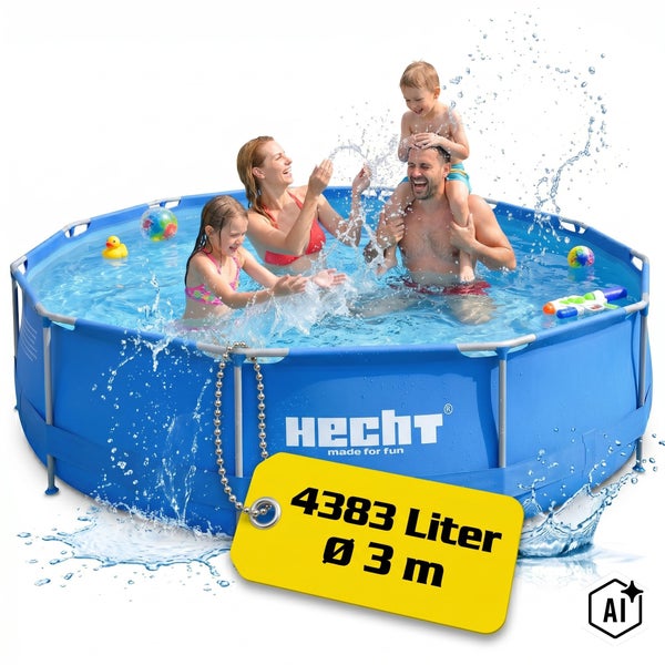 Familie im Hecht Rahmenpool mit einem Durchmesser von 3 Metern und einem Fassungsvermögen von 4383 Litern beim Spielen im Wasser.