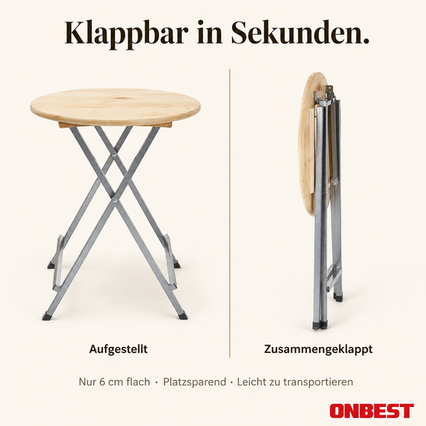 Runder Stehtisch mit Holzplatte und Metallgestell, aufgebaut und auf 6 Zentimeter flach zusammengeklappt dargestellt. ONBEST Logo.