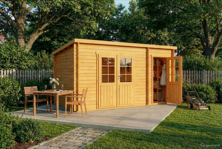 Holz Gartenhaus mit Doppeltür und integriertem Geräteschuppen auf einer Terrasse im Garten mit Sitzgelegenheit und Rasenmäher.