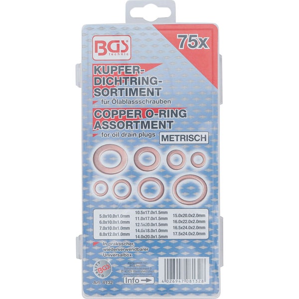BGS Dichtring-Sortiment Kupfer metrisch für Öl-Ablassschrauben 75tlg. - 8132