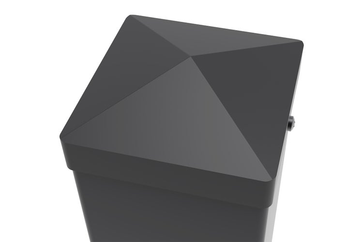 Quadratische Pfostenkappe in Pyramidenform aus Metall für Zaunpfosten in Anthrazit.