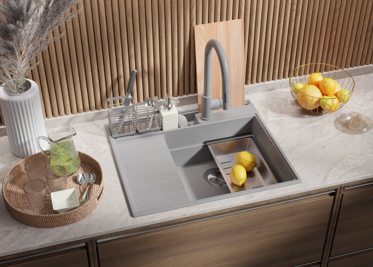 PRIMAGRAN Spülbecken Grau 62x53cm, Granitspüle 1 Becken + Ablauf-Set + Küchenzubehörset, Küchenspüle ab 45er Unterschrank - Sydney Pocket