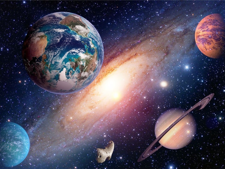 Illustration des Weltraums mit Planeten, Sternen und einer Galaxie