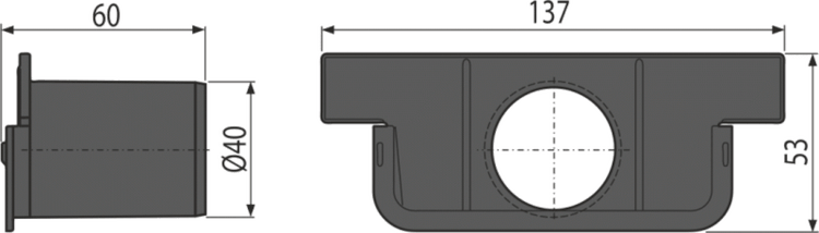 Technische Zeichnung einer Kunststoffkomponente mit den Maßen 137 Millimeter, 53 Millimeter, 60 Millimeter und einem Durchmesser von 40 Millimeter.