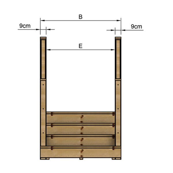 Technische Zeichnung eines Holzregals mit Maßangaben.