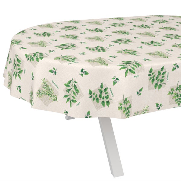 Ovale Tischdecke mit Kräutermotiven wie Rosmarin, Salbei und Petersilie auf hellem Untergrund.