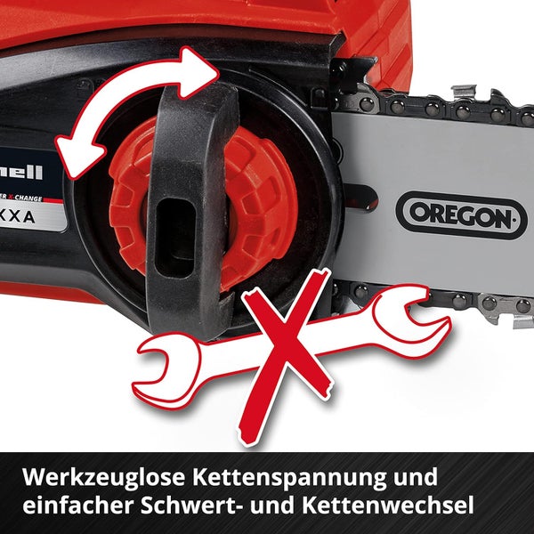 Werkzeuglose Kettenspannung sowie einfacher Schwertwechsel und Kettenwechsel bei einer Kettensäge mit Oregon Logo.
