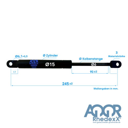 Gasdruckfeder mit technischen Daten, Gesamtlänge 245 Millimeter, Zylinderdurchmesser 15 Millimeter, Kolbenstange 6 Millimeter und Rhedexx Logo.
