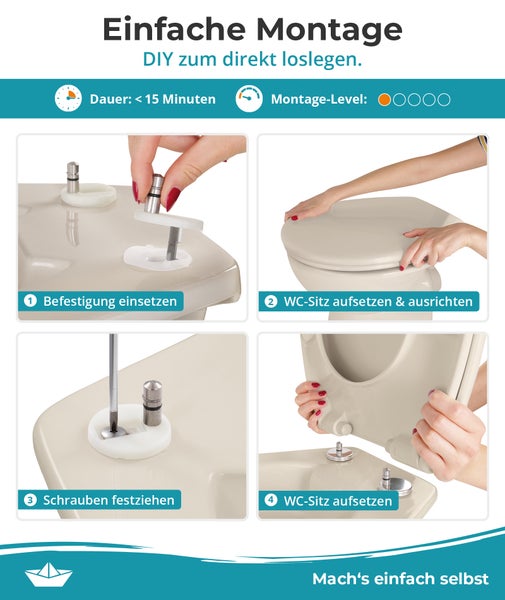 Calmwaters® WC Sitz einfache Montage, Premium Toilettendeckel bis 250 kg, Made in EU, antibakterieller Duroplast, doppelte Absenkautomatik, 2 Montage Optionen, abnehmbar, Klobrille, oval, Pergamon