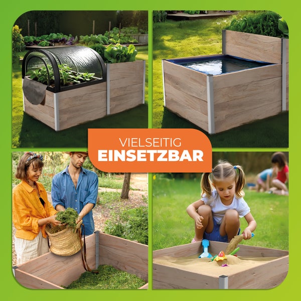 Collage zur vielseitigen Nutzung eines modularen Holzsystems für den Garten als Hochbeet mit Abdeckung, Pool, Komposter und Sandkasten.
