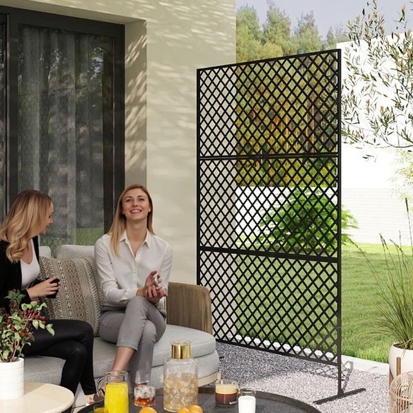 Outsunny Raumteiler 3-teilig 122 x 198 cm Freistehend Paravent in Gitter, Trennwand 3-TLG Sichtschutz aus Stahl, Outdoor Raumtrenner Sichtschutzwand Stellwand für Garten, Balkon, Terrasse, Schwarz