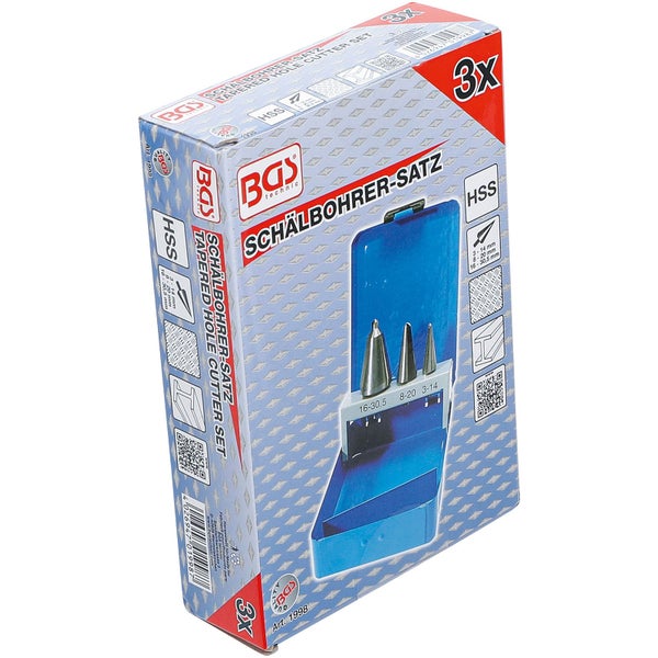 Schälbohrersatz mit drei Teilen in einer blauen Verpackung