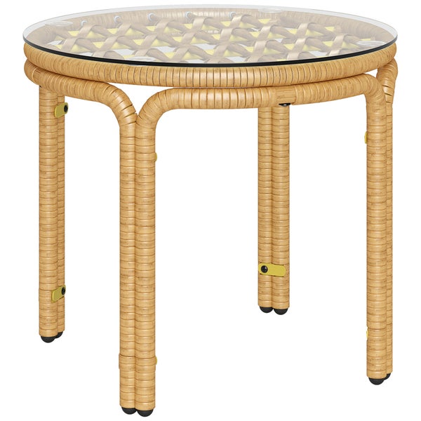 Runder Gartentisch mit Glasplatte und Rattanoptik
