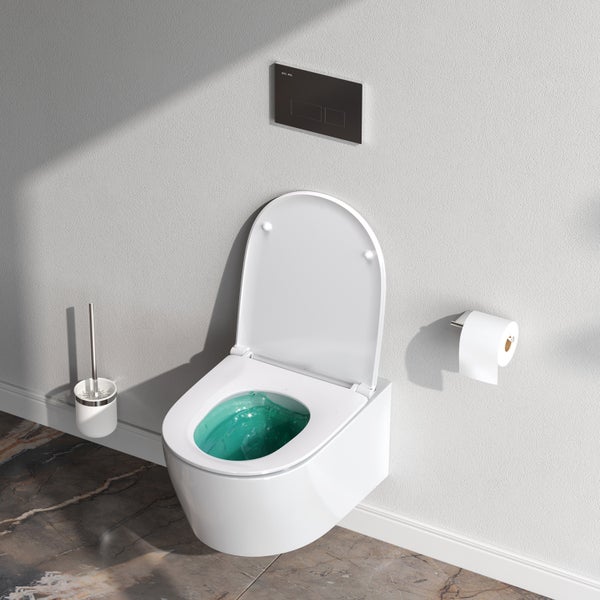 AM.PM Wand-WC Set Tiefspüler offener Spülrand weiß glänzend mit WC-Sitz , Vorwandelement und Betätigungsplatte schwarz IIS90238.XB1700