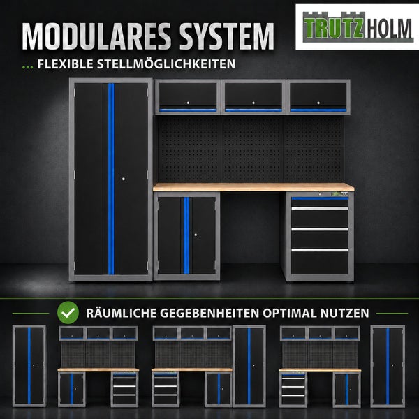 Modulares Werkstattsystem von Trutz Holm mit Schränken, Schubladen, Werkbank und Lochwand zur flexiblen Einrichtung der Werkstatt.