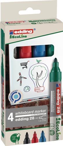edding 28 EcoLine Whiteboardmarker 4er-Set, schwarz, rot, blau, grün, Rundspitze 1,5 bis 3 mm