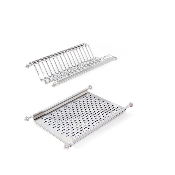 Zweiteiliges Abtropfgestell aus Edelstahl mit Tellerhalter und Lochblech für Küchenschränke.