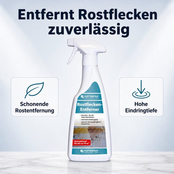 Hotrega Rostfleckenentferner in der Sprühflasche zur schonenden Reinigung von Steinoberflächen.