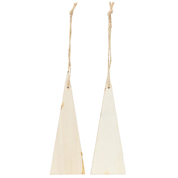 Zwei dreieckige Holzanhänger mit Kordelaufhängung